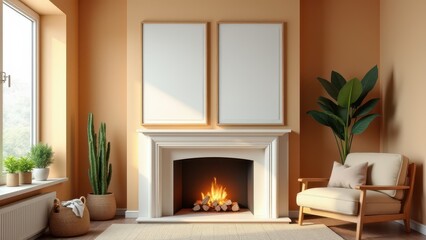 Mockup with Multiple Posters, Cozy living room fireplace background landscape posters.