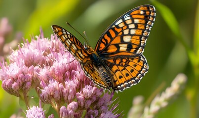 Naklejka premium A vibrant butterfly perched on a pink flower, Generative AI