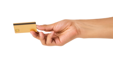 Hand holding gold credit card with transparent background
