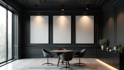 Mockup with Multiple Posters, Elegant office black accents graphic posters.