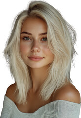 Naklejka premium Close-up portrait of a girl, portrait of a beautiful and cheerful young girl, European appearance, white skinned girl, beautiful woman, confidence, happy face and smile of a woman, Portrait of a joyfu