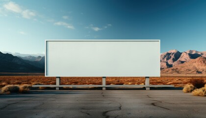 Obraz premium A large white billboard sits in the desert, surrounded by mountains