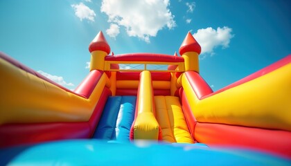 Colorful inflatable bounce house against clear blue sky. Vibrant colors yellow orange red blue. Castle design with slides. Outdoor fun for kids. Sunny day. Ideal for entertainment venues or parties.