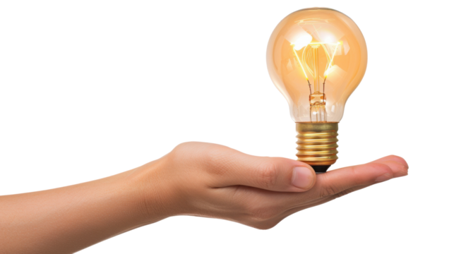 Hand holding a glowing light bulb on transparent background