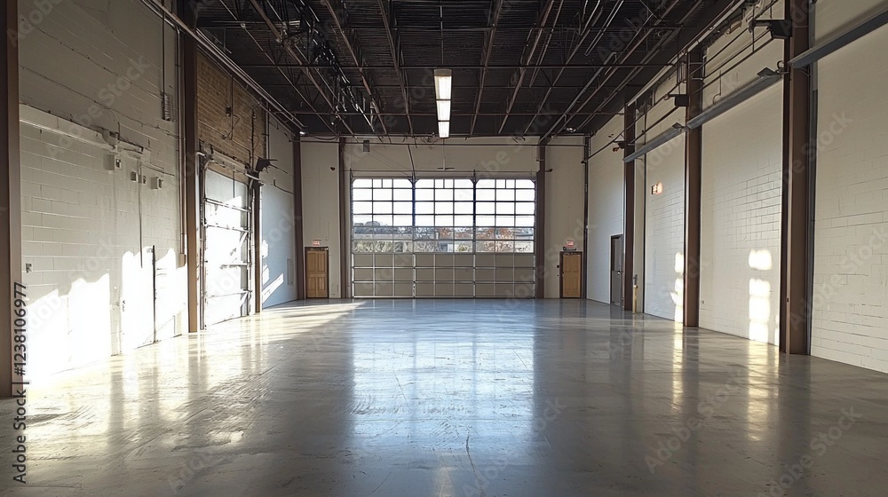 Poster bare concrete floors stretch across the vast interior, where sunlight streams through large open doo