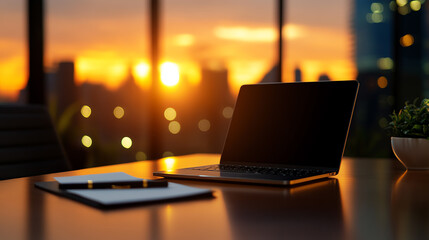 A polished conference table with an open laptop and documents