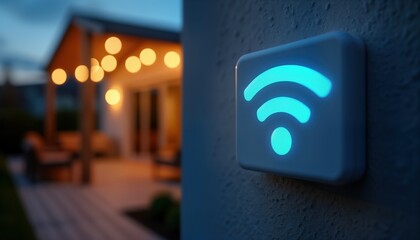 Blue wifi symbol illuminates smart home tech device. Connected home network expands wirelessly. Outdoor patio at dusk glows with warm lighting. Strengthening signal outside house. Smart home tech