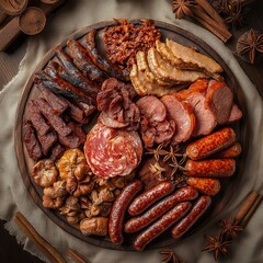 Delightful assortment of smoked meats and seasonal spices on a festive platter for a joyful gathering celebration. Generative AI