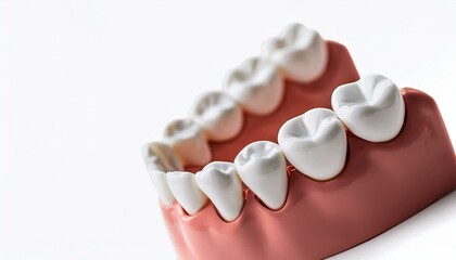 a close-up of a dental model showcasing healthy, pearly white teeth. The model highlights the importance of oral hygiene and a healthy smile
