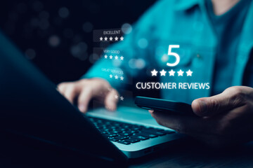Man touch smartphone with Customer review satisfaction feedback survey concept, User give rating to service experience on online application, service leading to reputation ranking of business.