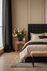 Elegant bedroom with neutral tones and floral arrangement in a cozy setting