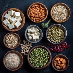 Fototapeta premium Colorful assortment of fresh vegan meal ingredients arranged on a dark countertop with rustic wooden bowls showcasing healthy choices. Generative AI