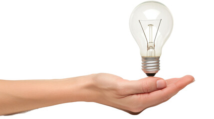 Hand holding a light bulb on transparent background: innovation and creative idea concept