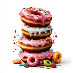 Stack of donuts and sugary treats symbolizing unhealthy eating, placed on a bright white background