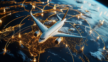 Air cargo logistics paths on an atlas. Generative AI.	  Generative AI.