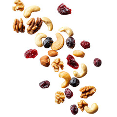 Assorted nuts and dried cranberries falling on a transparent background, healthy snack mix of walnuts, cashews, almonds, hazelnuts, and cranberries Concept of healthy eating, nutrition, and snack