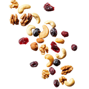 Assorted nuts and dried cranberries falling on a transparent background, healthy snack mix of walnuts, cashews, almonds, hazelnuts, and cranberries Concept of healthy eating, nutrition, and snack