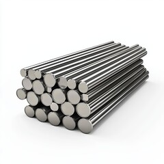 stack of steel rods with reflective surfaces, centered on a clean white background