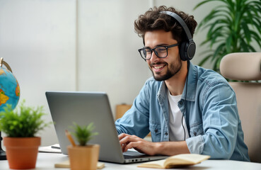 Young man sits at home desk using laptop. Wears headphones, glasses. Seems happy, focused on computer. Possible scenarios include college student studying online, freelancer working remotely, person