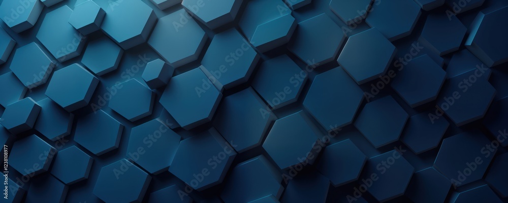 Poster dark blue abstract background features repeating pattern of hexagonal shapes. hexagons three-dimensi
