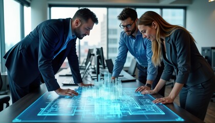 Architects, engineers collaborate on holographic blueprint of large-scale development project. Reviewing, modifying design in dynamic session. Holographic tech used to visualize, refine project.