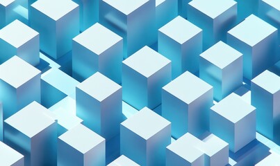 Abstract 3D rendering of light blue cubes, forming a city-like pattern.