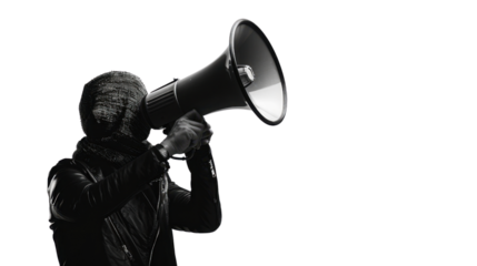 Masked activist shouting with megaphone on transparent background