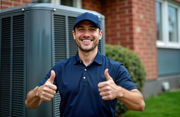 Smiling HVAC technician gives thumbs up outdoors near AC unit. Confident man in casual attire stands near home appliance in summer. Pro tech showing good work. Positive attitude, satisfied customer.