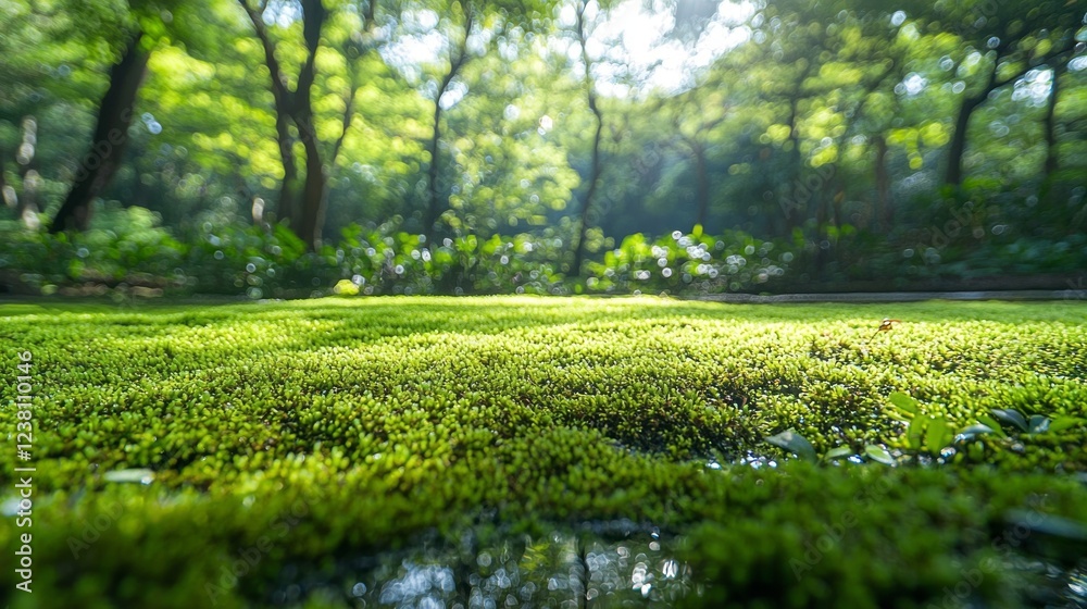 Poster soft, lush moss blankets the ground in a tranquil forest clearing, illuminated by gentle sunlight ca