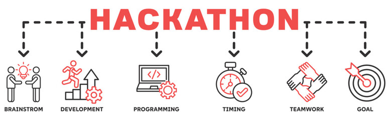 Hackathon banner web icon vector illustration concept for design sprint-like social coding event with icon of brainstorm, development, programming, timing, speed, teamwork, and goal