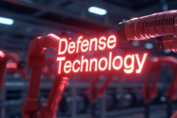Contemporary Defense Tech Aesthetic Robotic Arms on Factory Floors with Luminous Typography - Modern Industrial Design and Spring Innovation for Indian Defense Industry