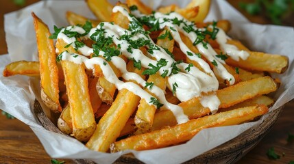 Crispy French Fries Topped with Sour Cream and Fresh Herbs