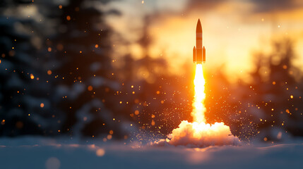 Fototapeta premium A rocket launching into space, symbolizing business expansion, Realistic Photo Professional photography, Warm, soft directional lighting with diffused shadows,