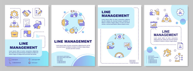 Line management blue circle brochure template. Employees supervision job. Business career. Leaflet design with linear icons. Editable 4 vector layouts. Arial-Bold, Myriad Pro-Regular fonts used