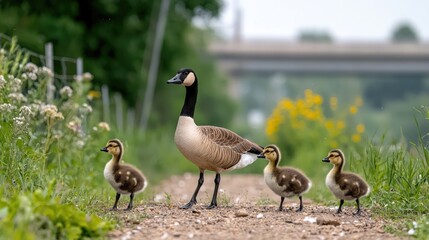 Fototapeta premium Canada goose family walking path, highway background, nature