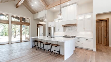 Modern farmhouse kitchen, island, wood floors, natural light, backyard view; home design
