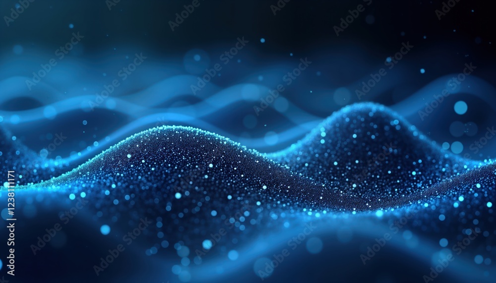 Poster dynamic blue particle system creates undulating waves. abstract design suggests futuristic tech, dig