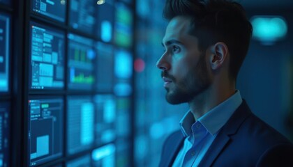 Fototapeta premium Man Contemplating Data Streams in a Futuristic Control Room