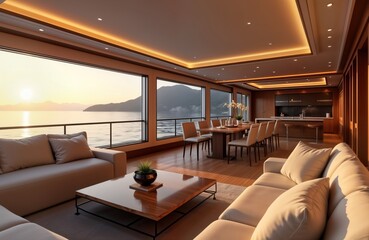 Luxury yacht salon area with large windows ocean views. Modern design features comfortable sofas, chairs. Dining table placed strategically for enjoying meals with sea views. Rich wooden accents