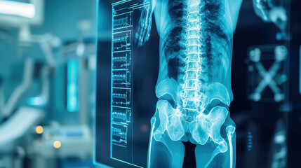 Artificial intelligence in medical detection. X ray image of human skeleton displayed in 3D, showcasing spine and pelvis. advanced imaging highlights detailed anatomy for analysis