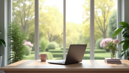 Fototapeta premium Open Laptop Mockup, Home office garden view laptop on desk photorealistic.