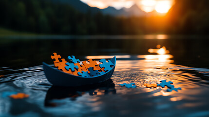 Fototapeta premium A ship made of puzzle pieces, symbolizing collaborative ventures, Realistic Photo Professional photography, Warm, soft directional lighting with diffused shadows,