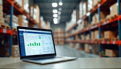 Laptop on desk displays inventory management software. Warehouse in background well-organized with shelves full of goods. Modern tech tools for logistics, business operations. Efficient inventory