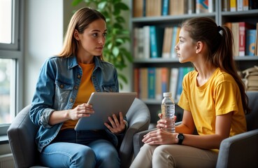 Woman school psychologist helps teenage girl. Indoor school library setting. Pro discussion about behavior. Possible student therapy session. Focused conversation using tablet. Healthy adolescent