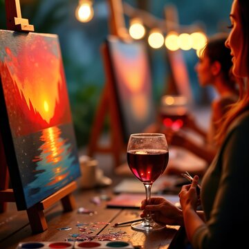 Women paint on canvases outdoors enjoying wine. Art, wine blending. Serene atmosphere at outdoor paint, sip event. People focus on creating art during evening gathering. Creative fun, relaxation