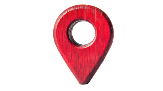 Red wooden location pin pointing place on transparent background