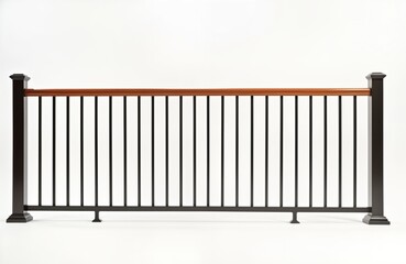 Modern brown steel railing with wooden handrail. Safety design for balcony staircase. Strong construction materials. Stylish home outdoor structure. Ideal for residential commercial projects.