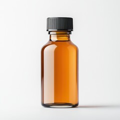 Glass bottle with black cap for essential oils and liquids on a simple background in soft lighting