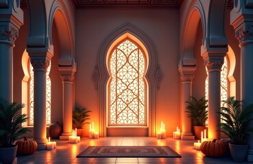 Ornate Islamic interior at day. Light floods through decorative arches, windows. Lanterns, candles illuminate space. Ornamental columns, patterns decorate building. Warm, inviting ambiance.