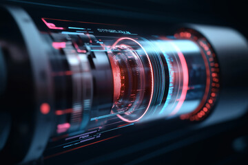 Futuristic technology: data streams within a cylindrical core.
